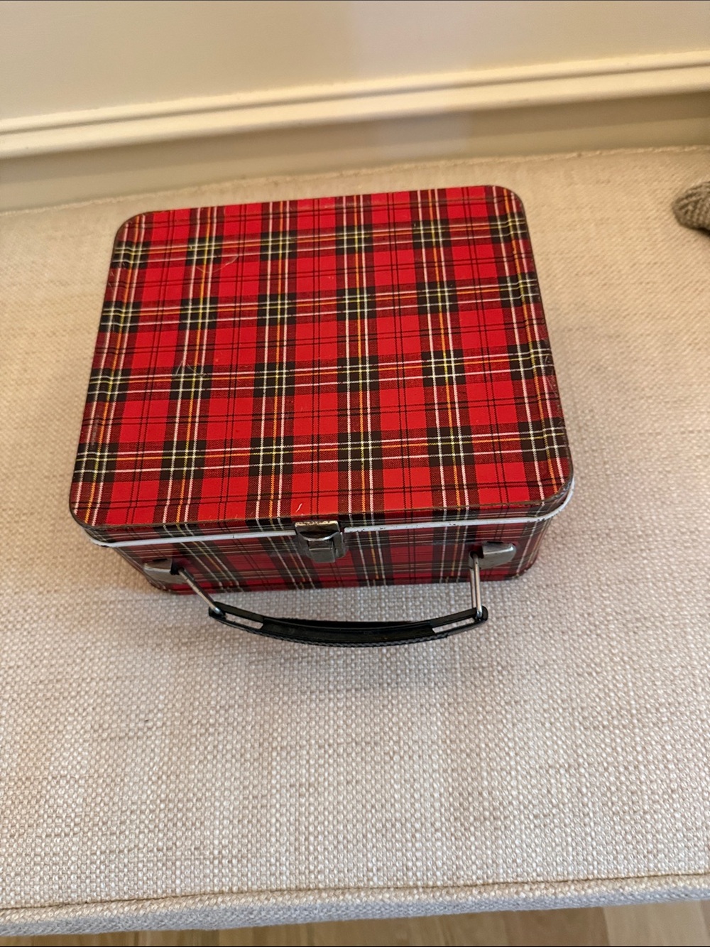 Vintage Red Plaid Metal Lunch Box with Handle